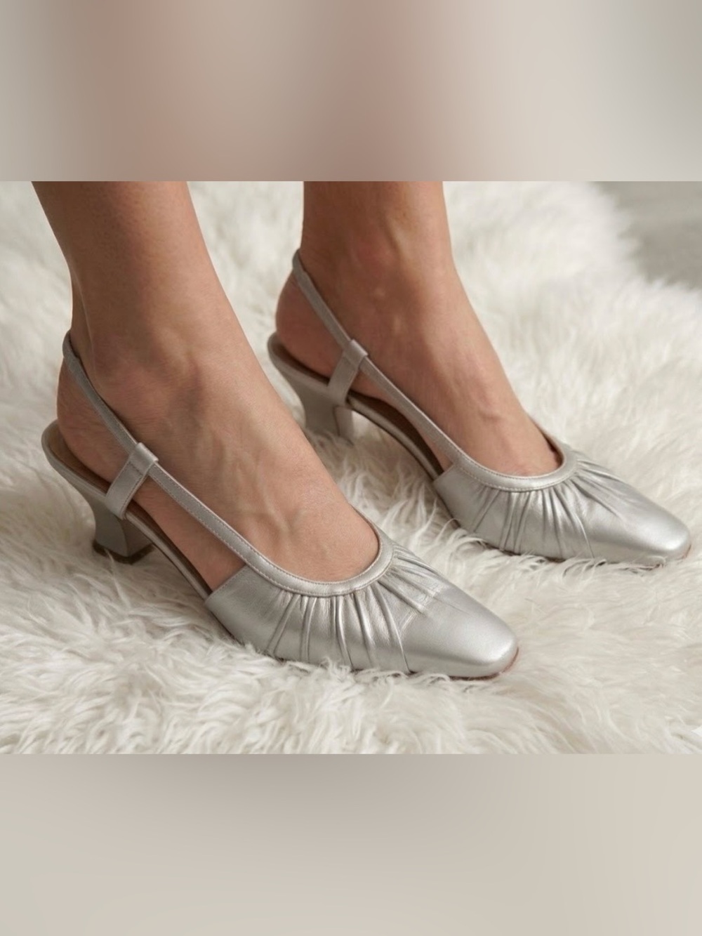 VTG Salvatore Ferragamo Women’s 11 Silver Grey Ruched Leather Sling-back Heels